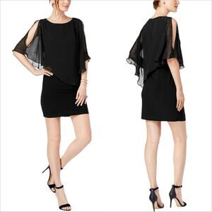 Xscape Capelet Sheath Dress Size 14 New Beaded Black Special Occasion Stretch